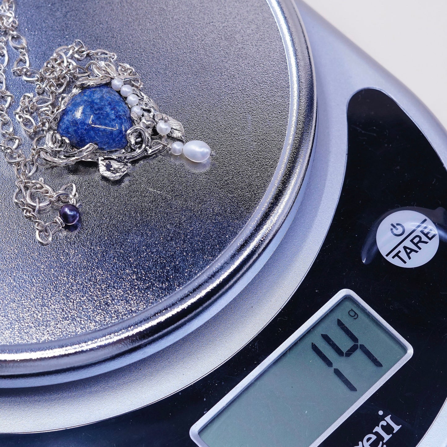 18" Israel sterling silver 925 necklace figaro chain W sodalite pendant N pearl