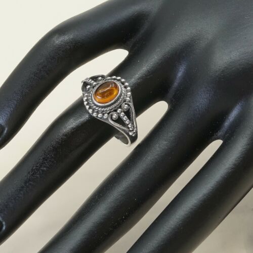 Sz 8, Orange Amber Cabochon Sterling Silver Solitaire Ring W/ Beads, Stamped 925