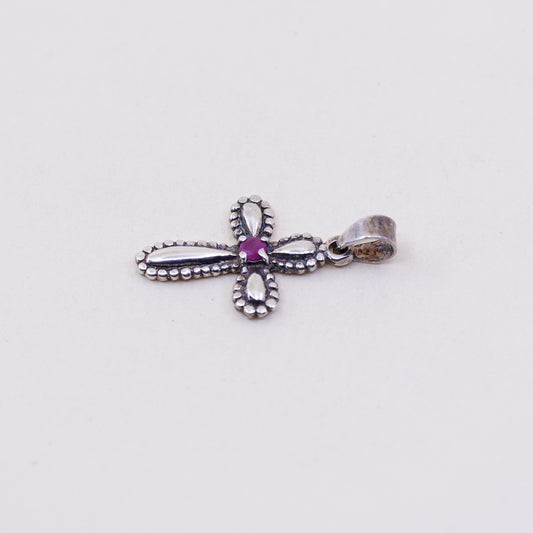 Vintage sterling silver 925 cross handmade pendant with ruby and beads