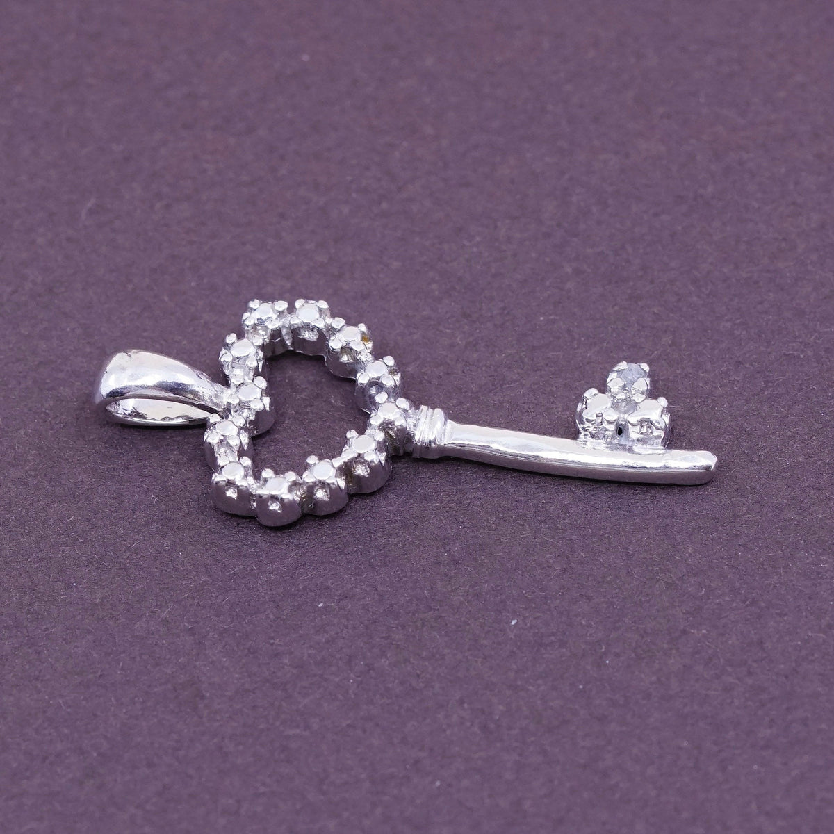 Vintage Sterling silver handmade pendant, solid 925 silver key with Cz