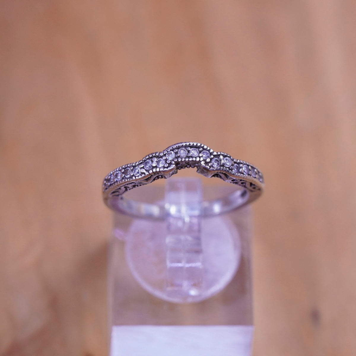 Size 6, vintage Sterling 925 silver wedding band ring with clear crystal