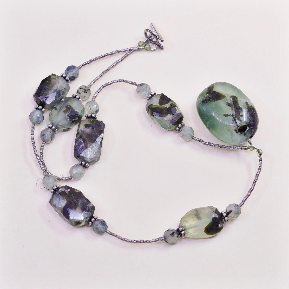 16”, vintage sterling 925 silver handmade necklace with nugget prehnite pendant