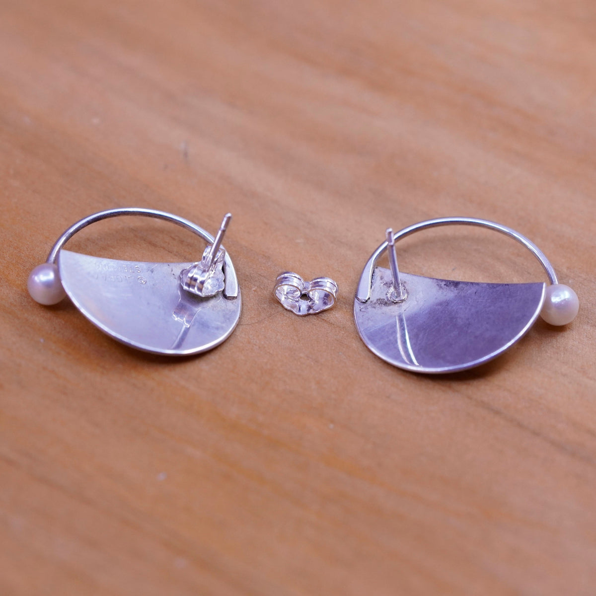 Vintage Sterling silver handmade disc studs, circle earrings with pearl