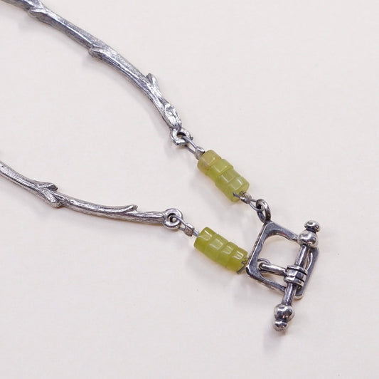 24”, Sterling silver necklace, solid 925 silver flatten bar chain w/ jade