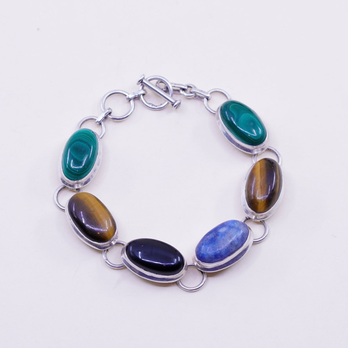 6.75+1”, Sterling silver handmade bracelet, Mexico 925 sodalite onyx tiger eye