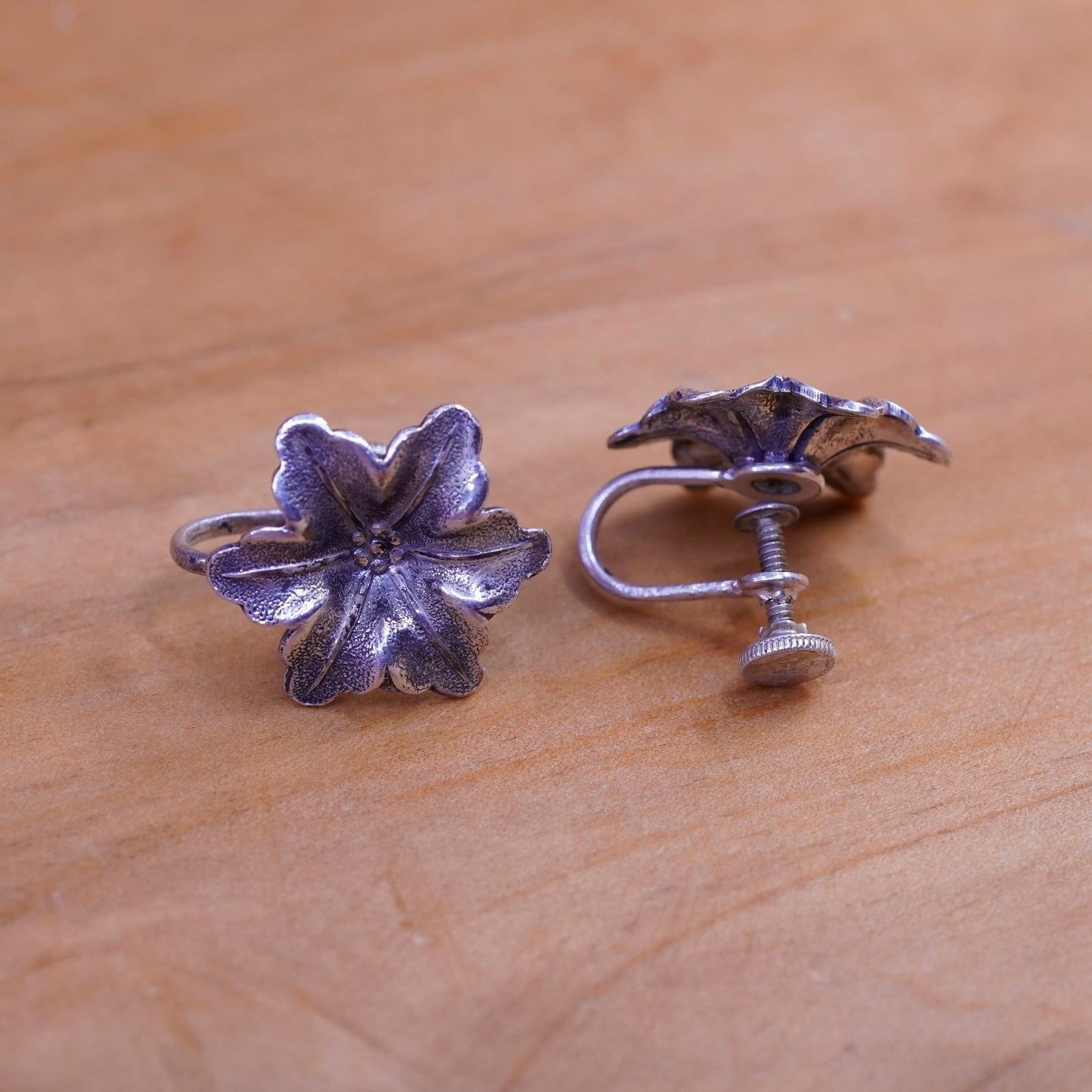 Vintage Sterling silver handmade screw back earrings, 925 flower
