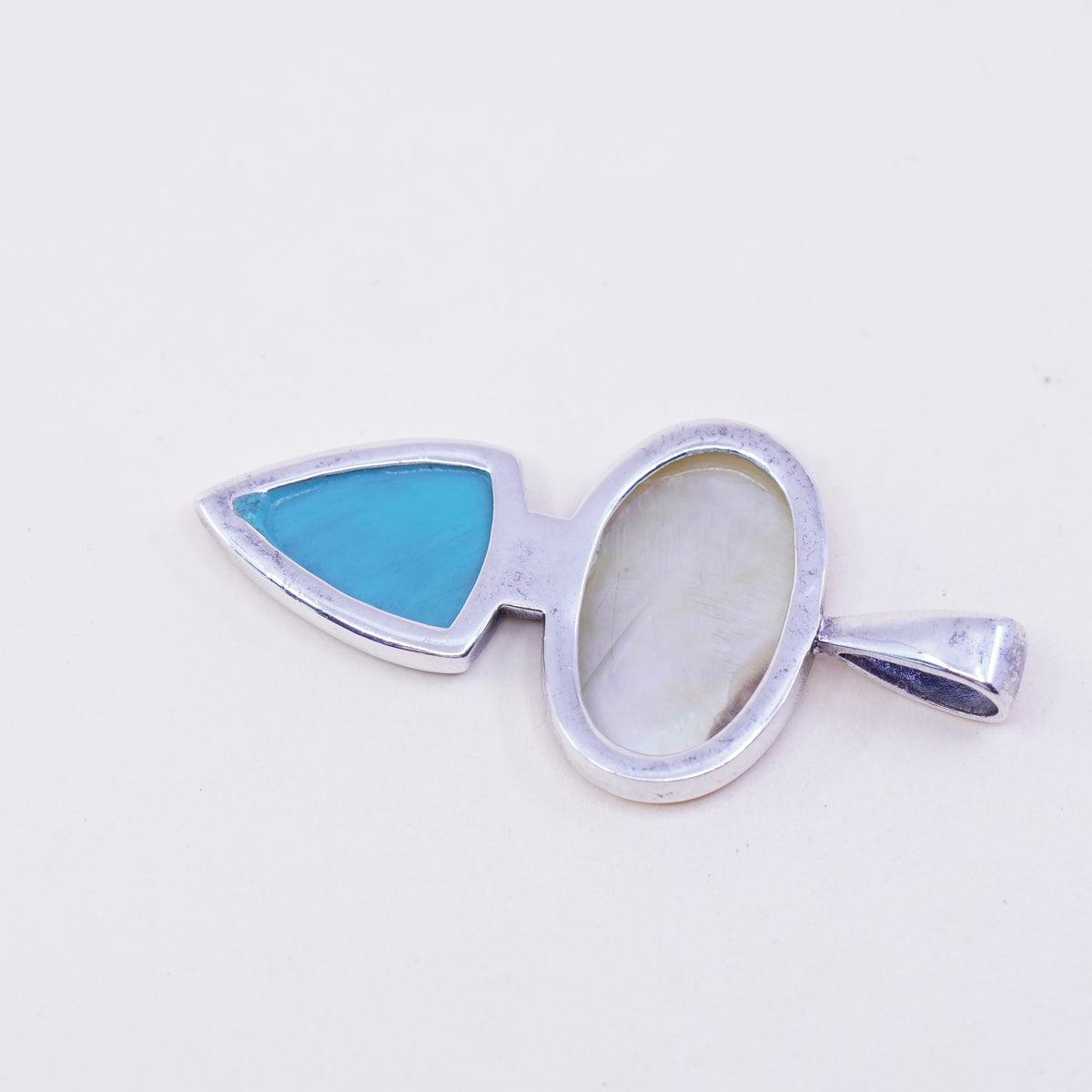 Vintage sterling 925 silver handmade pendant with mother of pearl and turquoise