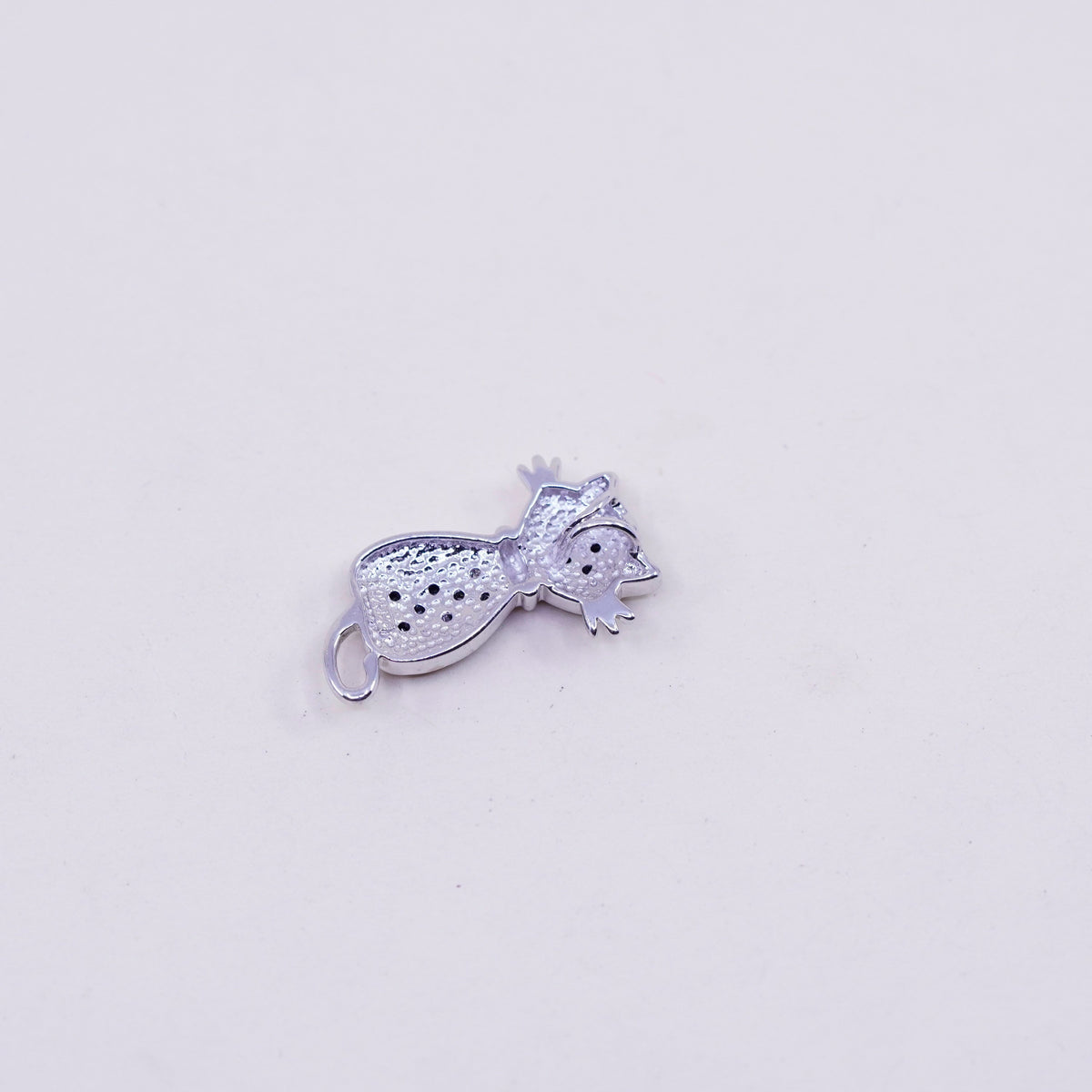Vintage Sterling silver handmade pendant, 925 kitty cat with black diamond