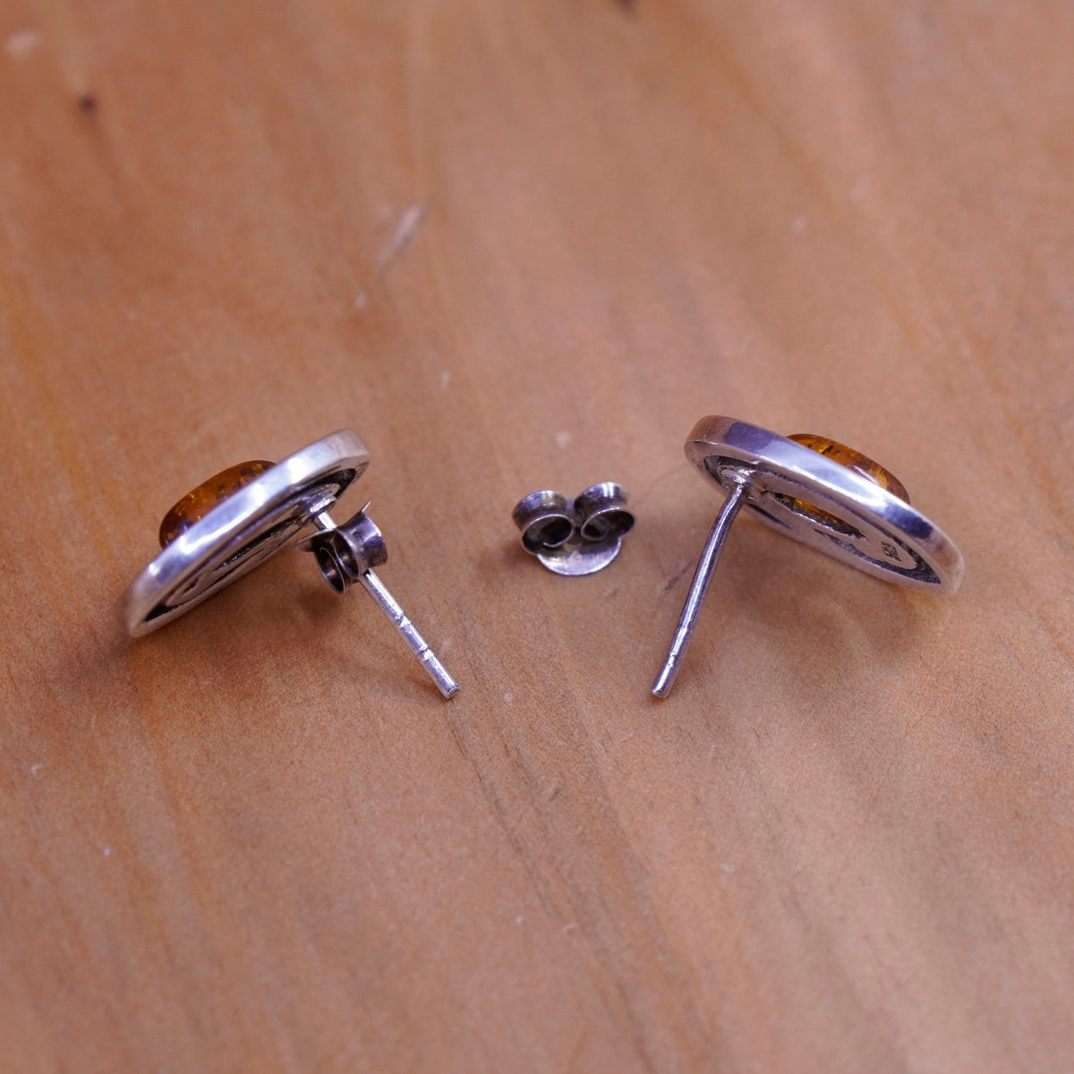 Vintage Mexico Sterling 925 silver handmade studs earrings with amber inlay
