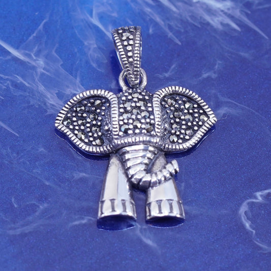Vintage sterling 925 silver handmade elephant pendant with marcasite