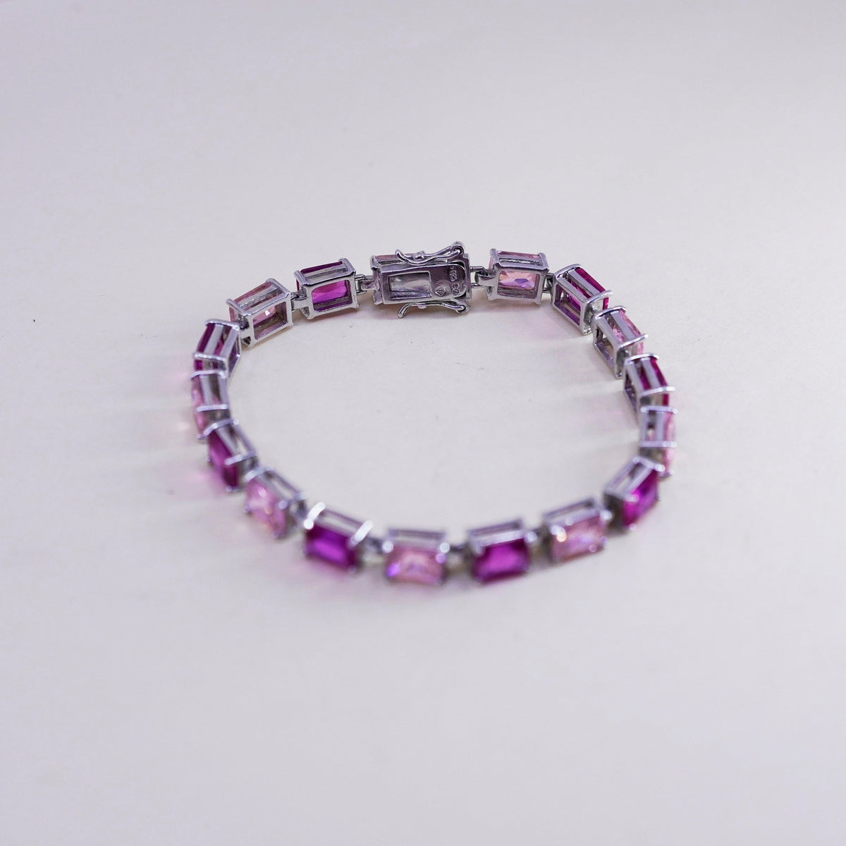 7.25”, vtg Sterling silver fashionable tennis bracelet, 925 chain pink crystal