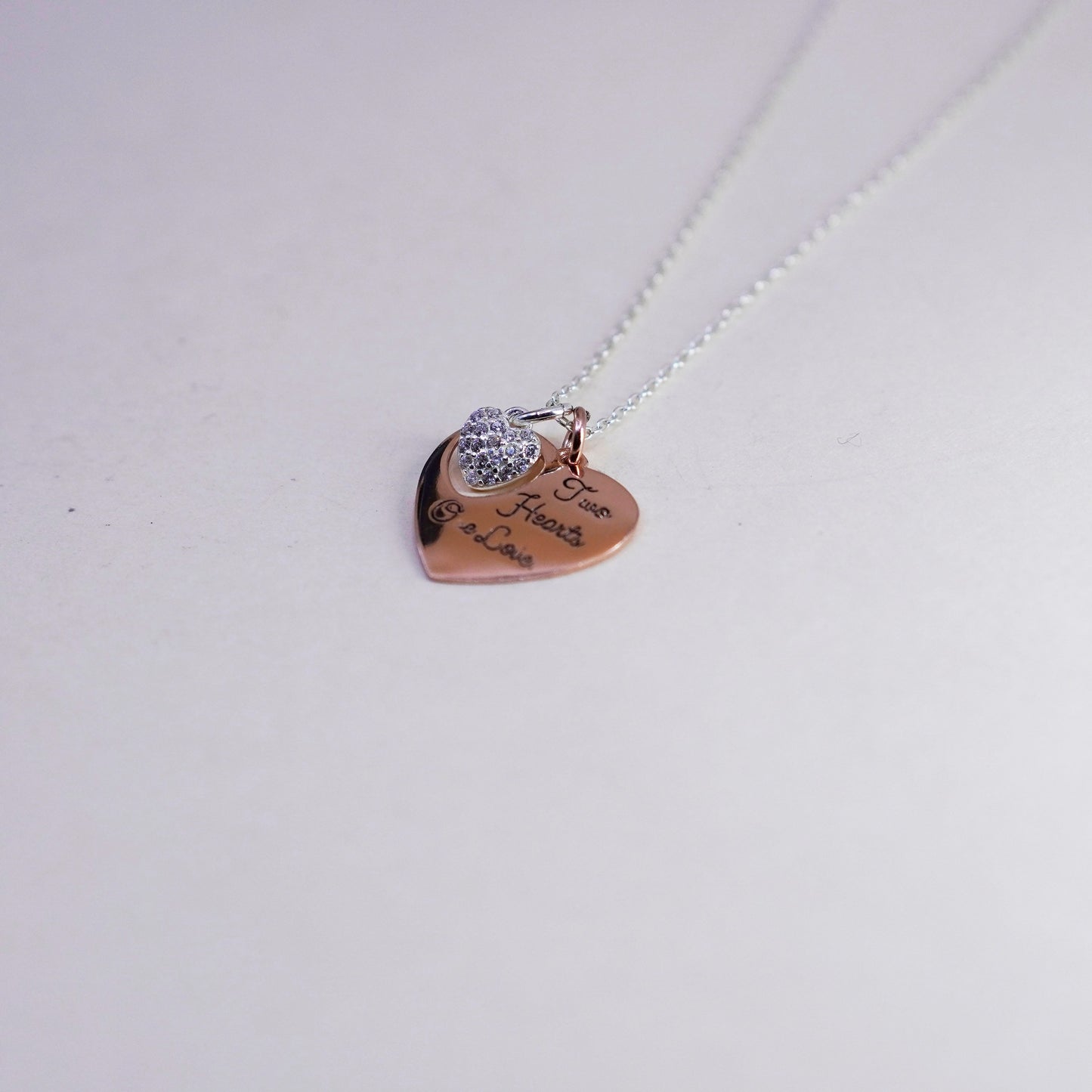 18”, Sterling silver necklace, 925 circle rose gold pendant two hearts one love