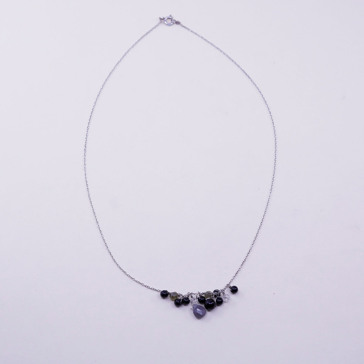 18”, Sterling 925 silver necklace chain cluster labradorite obsidian beads