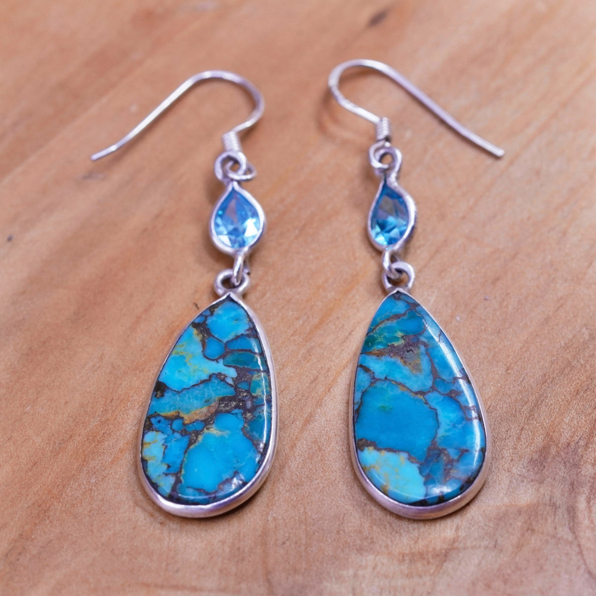 Vintage Sterling 925 silver handmade teardrop earrings with turquoise and topaz