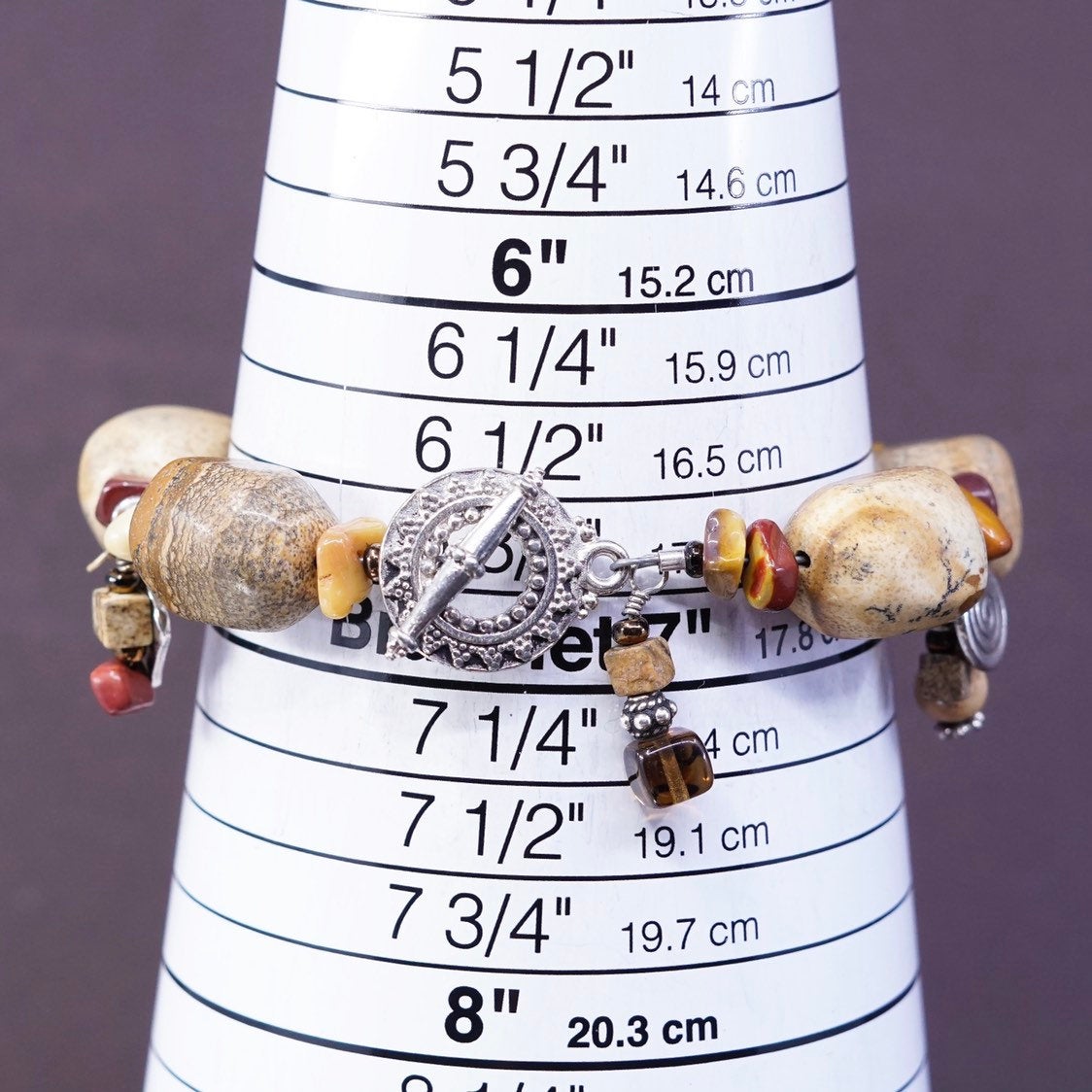 6.75”, vtg Sterling silver handmade chain, 925 beads w/ Jasper nuggets bracelet