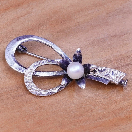 Vintage sterling silver handmade brooch, 925 ribbon flower with pearl details