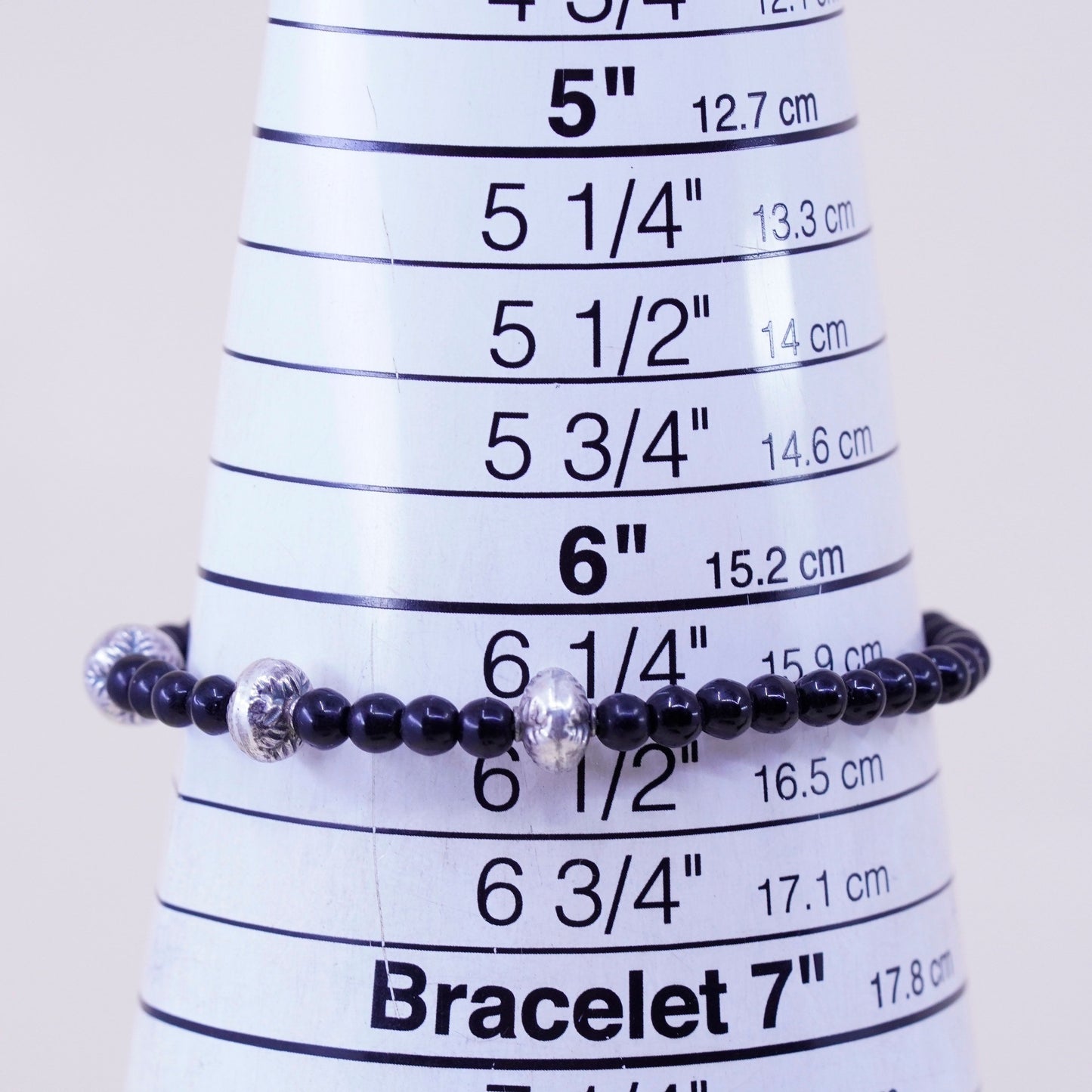 6.25”, Vintage Sterling 925 silver bracelet with obsidian beads