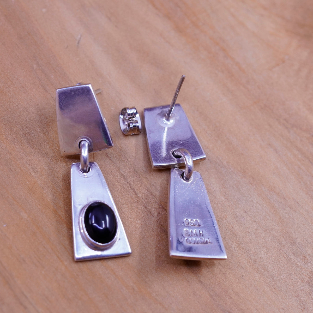 Vintage Mexico BMH handmade sterling 925 silver earrings with obsidian dangles