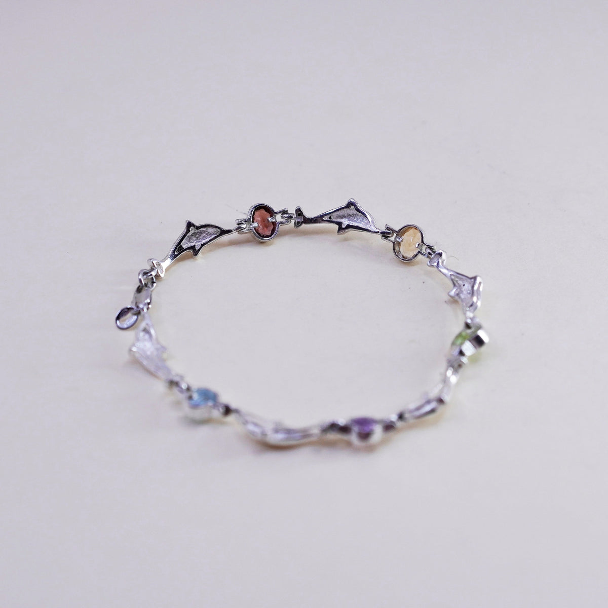 7”, Sterling silver handmade bracelet, 925 dolphin chain colorful gemstones