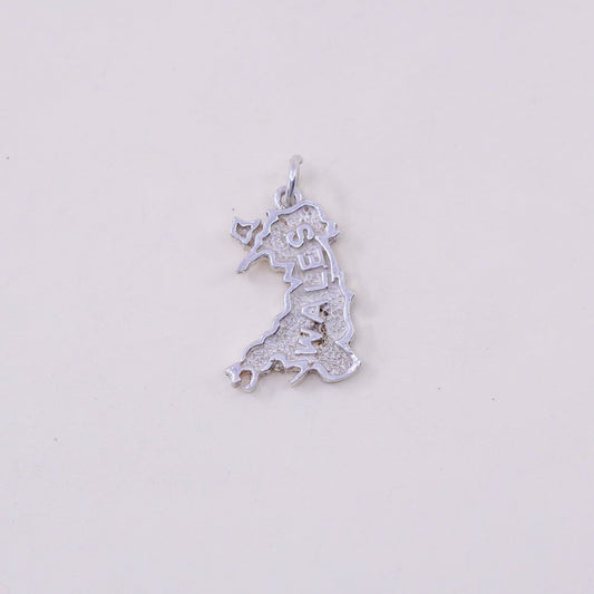 Vintage sterling handmade traveler pendant, 925 Wales map tag
