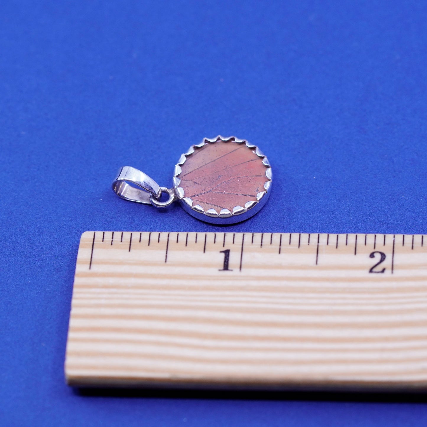 Vintage Sterling 925 silver handmade round pendant w/ resin blue butterfly wing