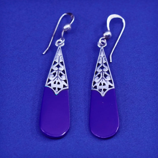 Vintage Sterling 925 silver handmade earrings with teardrop blue onyx and Bali