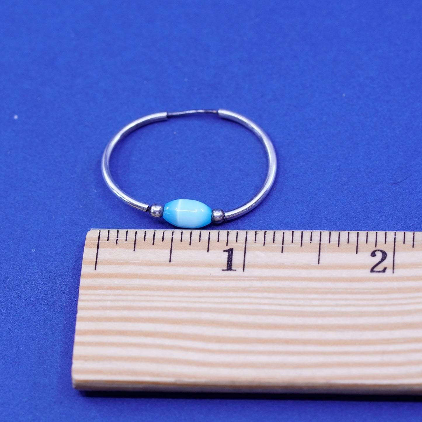 1.25”, vtg Sterling silver handmade earrings, 925 hoops huggie blue cats eye