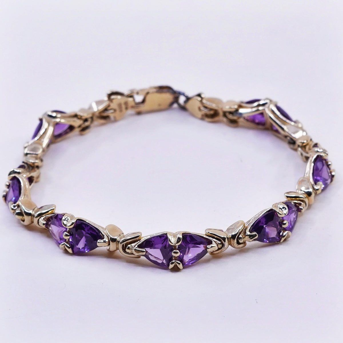 7.25”, vermeil gold Sterling 925 silver tennis bracelet triangular amethyst