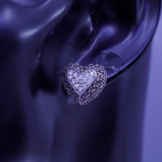 Vintage Sterling 925 silver handmade earrings, heart studs with cz Marcasite