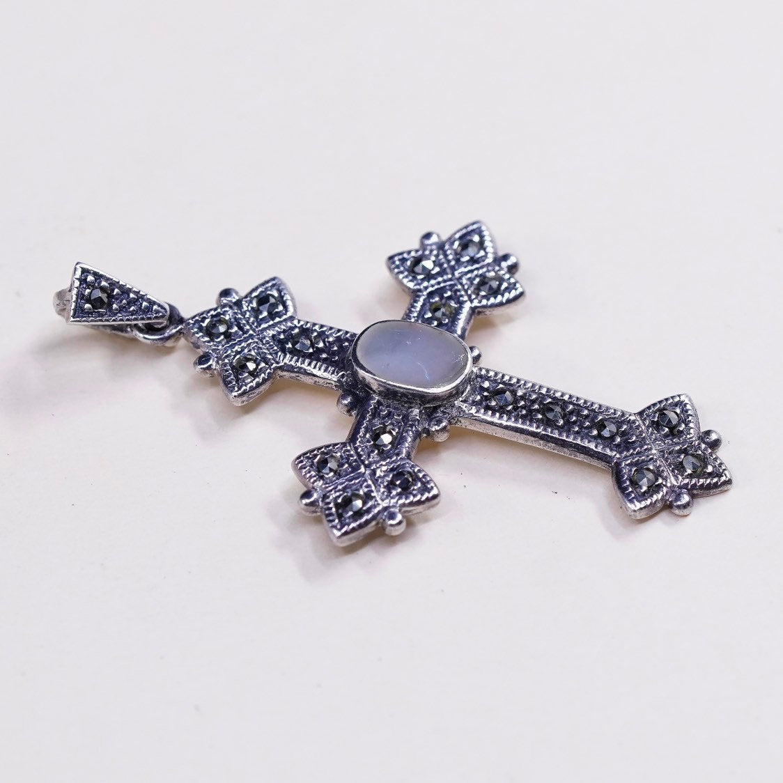 vtg handmade sterling silver cross, 925 with marcasite and mother of pearl