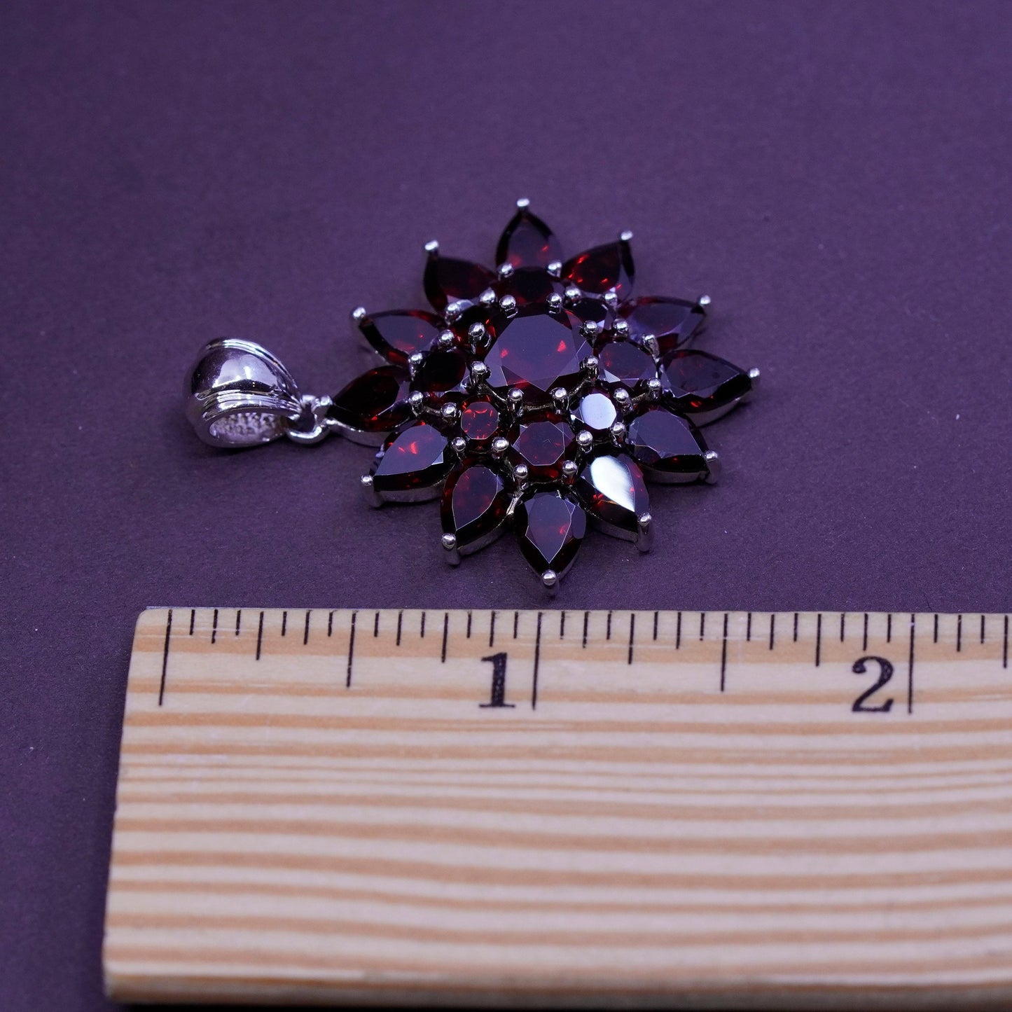 Vintage Sterling 925 silver handmade flower pendant with ruby