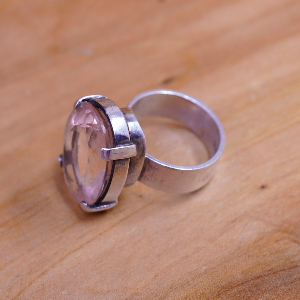 Size 8.25, vintage Sterling 925 silver handmade statement ring with pink quartz