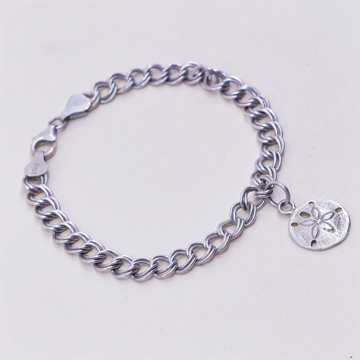 6.75”, sterling silver double curb chain, 925 bracelet w/ sand dollar charm