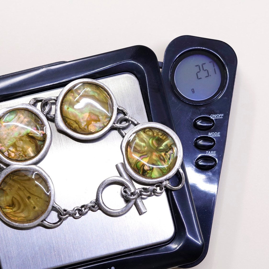 6.75”, VTG sterling silver handmade bracelet, 925 toggle closure w/ abalone