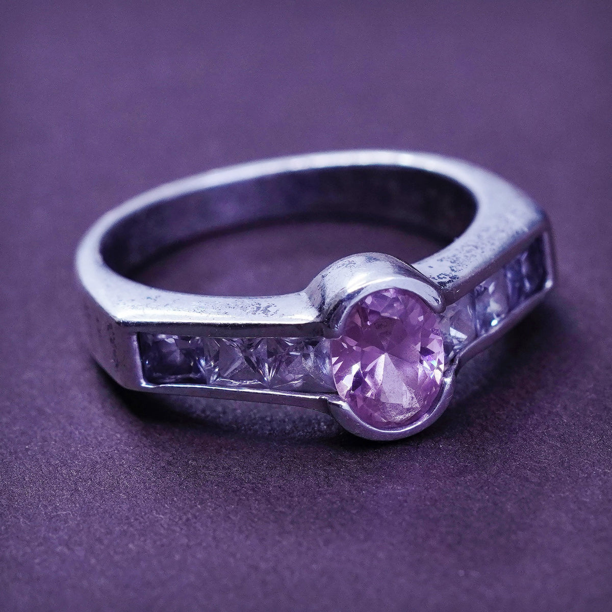Size 6.5, Sterling silver handmade ring, 925 band with oval pink Cz stone