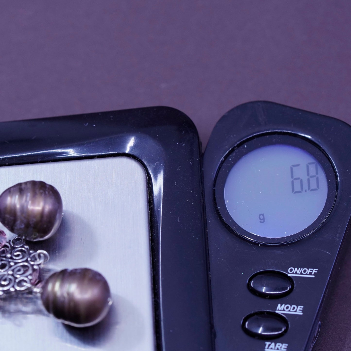 Vintage sterling silver handmade earrings, 925 filigree with purple pearl drops