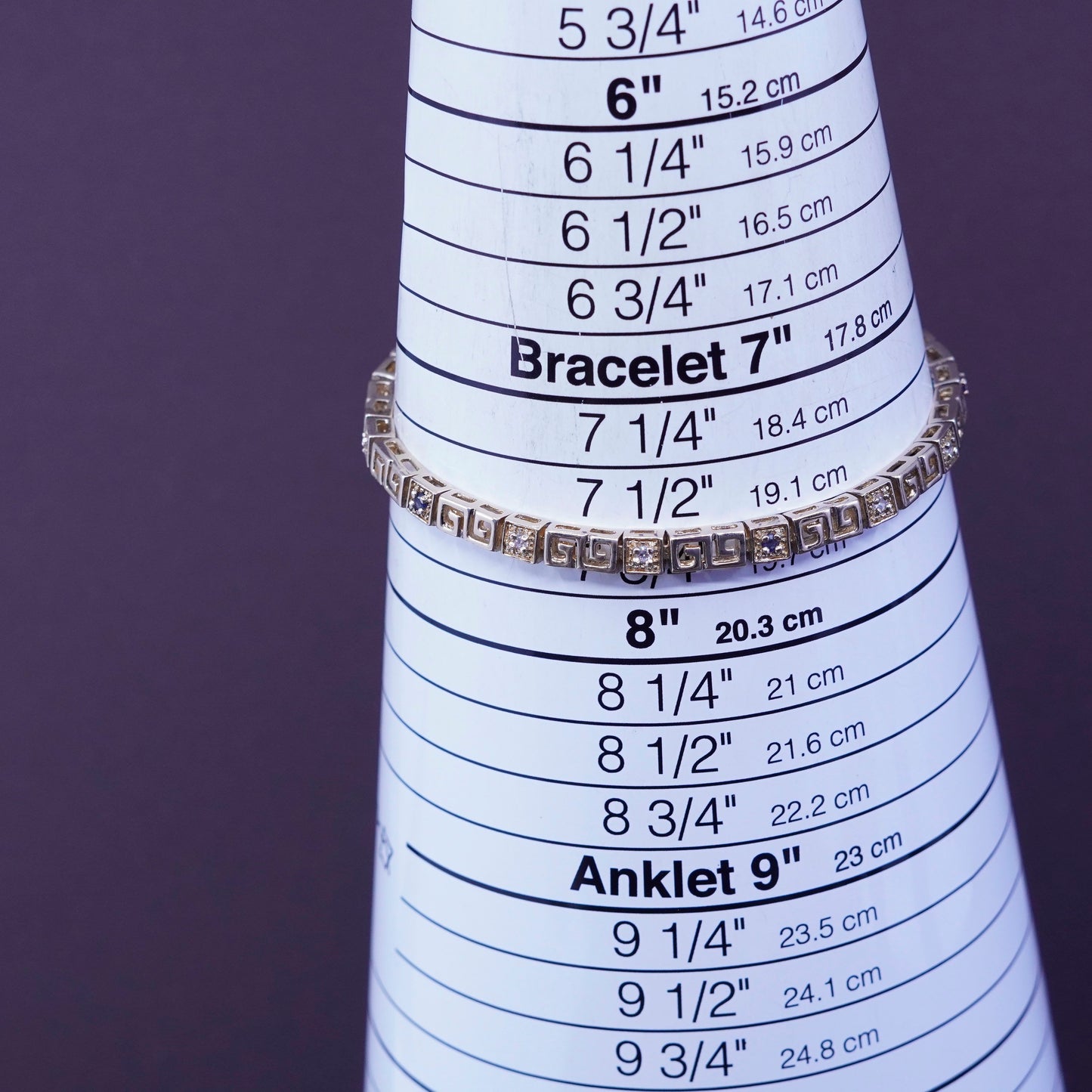 7.75”, vermeil gold over Sterling 925 silver tennis bracelet, greek key diamond