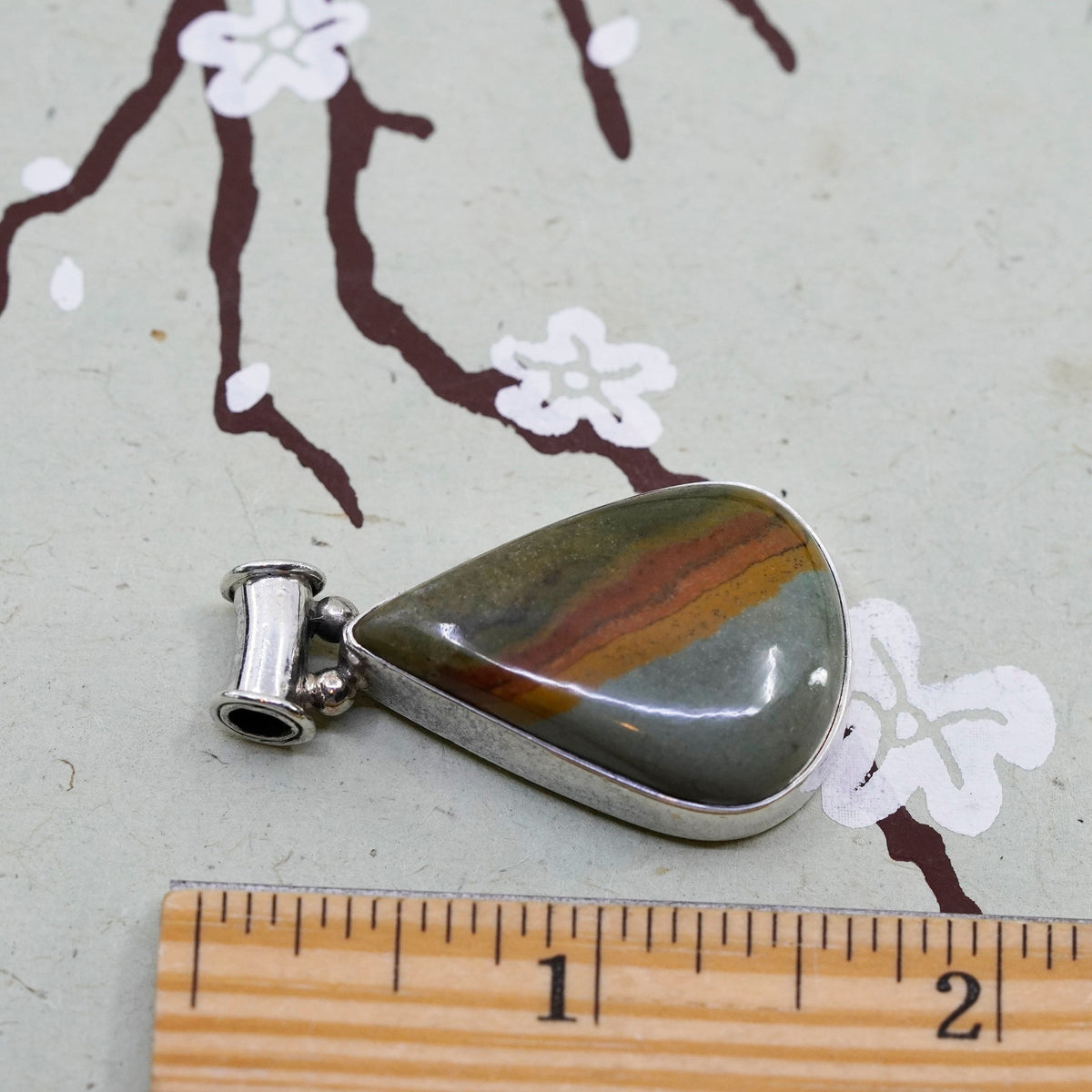 Vintage sterling 925 silver handmade pendant with landscape jasper