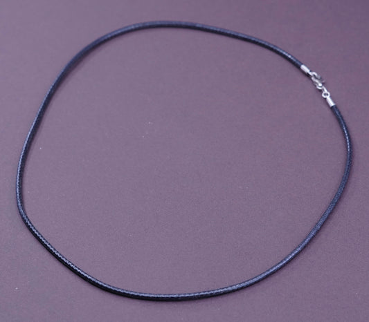 18”, vtg handmade necklace, black linen thread choker w/ sterling silver clasp