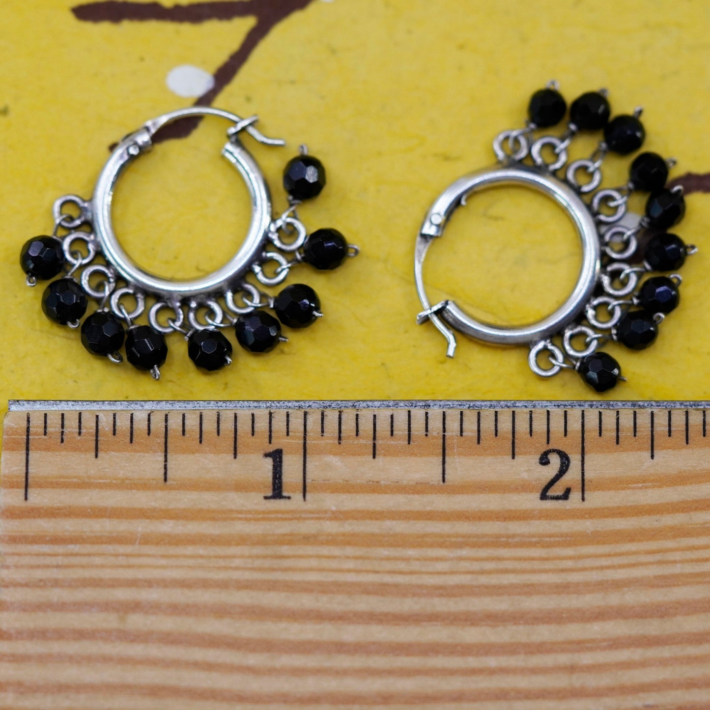 1”, vintage Sterling silver handmade earrings, 925 hoops with cluster obsidian