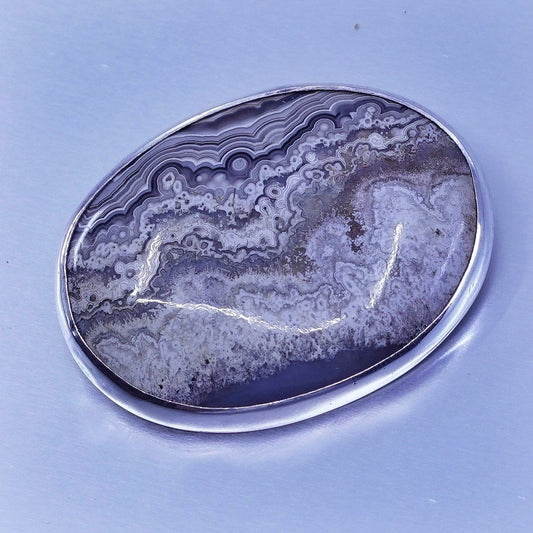 Vintage Sterling 925 silver handmade brooch, layered lace agate pin,