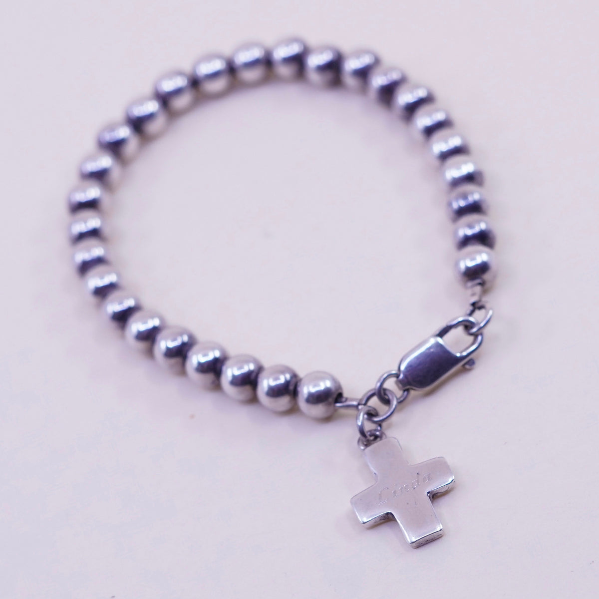 7”, Vintage sterling silver bracelet, 925 beads chain cross charm name “Linda