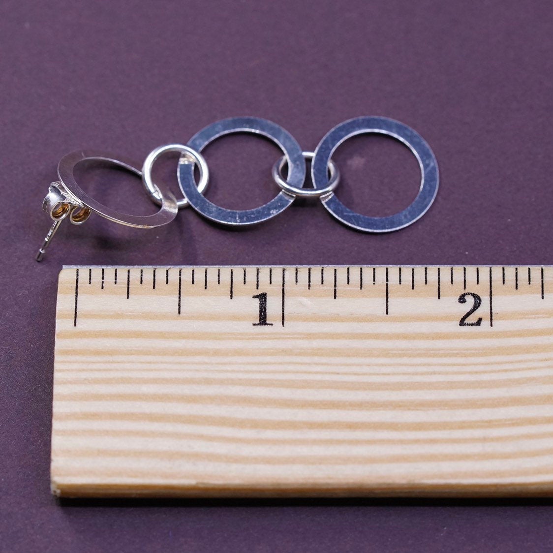 2” long, VTG Sterling silver handmade earrings, 925 entwined circles dangle