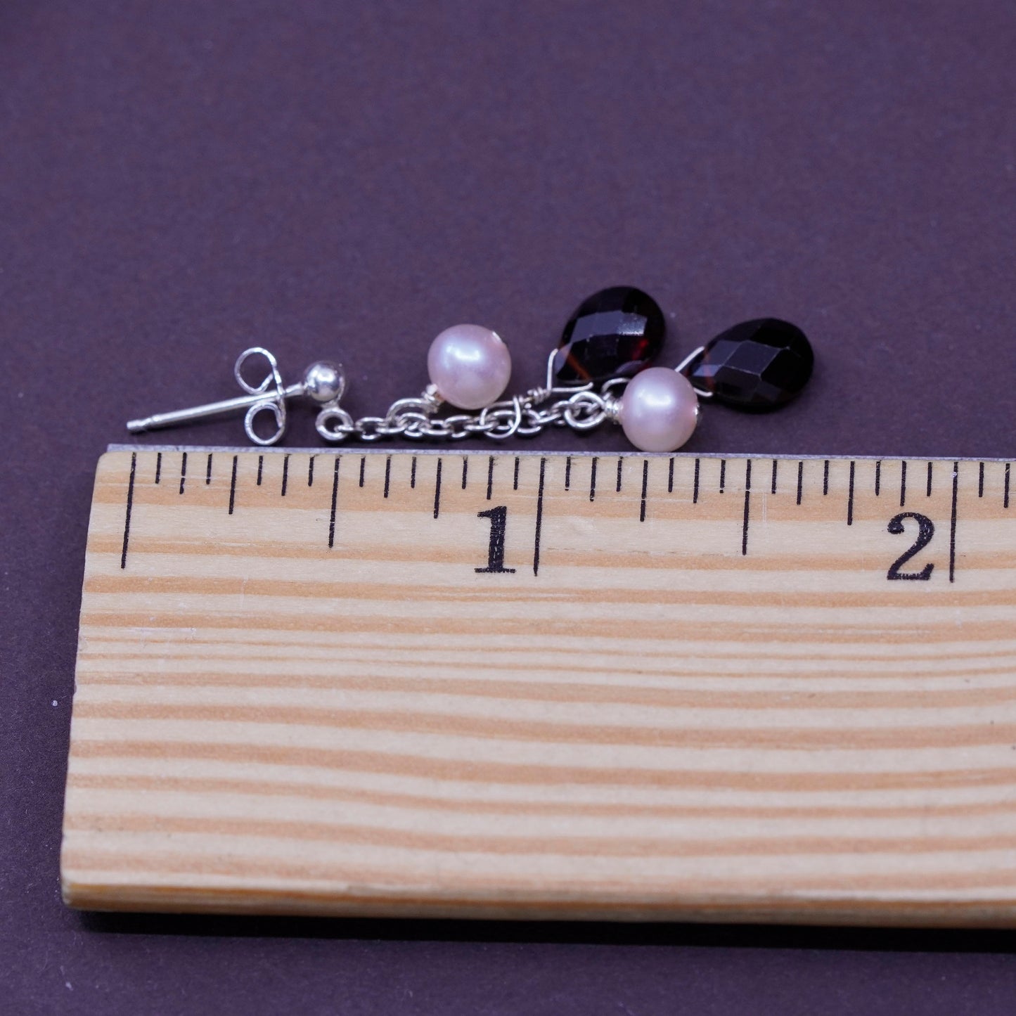 Vintage Sterling 925 silver handmade earrings w/ pearl N teardrop ruby dangles