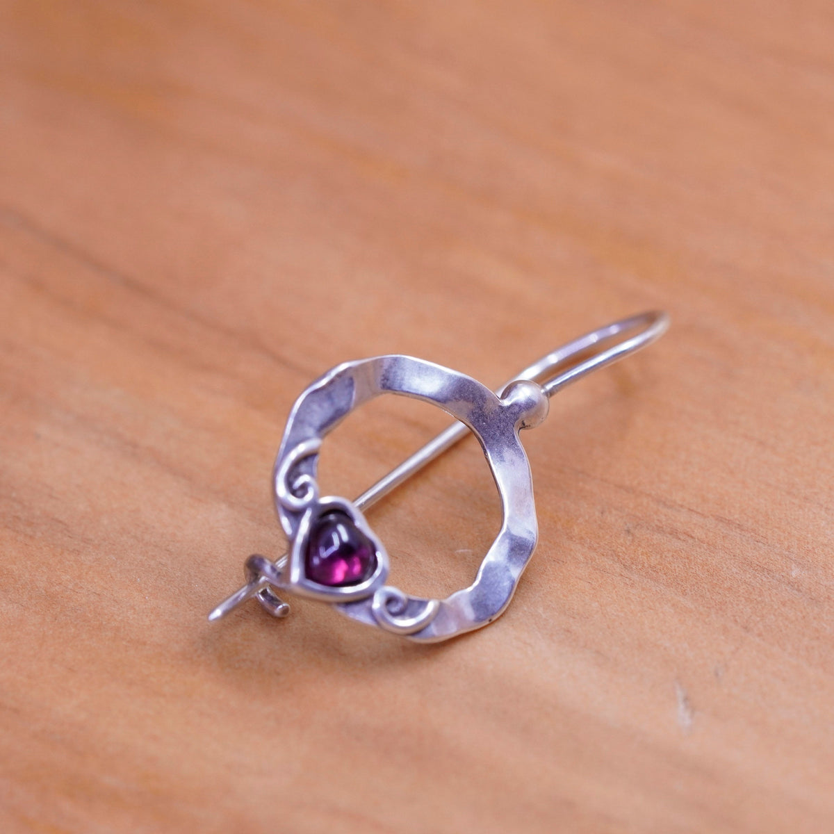 Israel wax casting Sterling silver handmade earrings, 925 hoops heart garnet