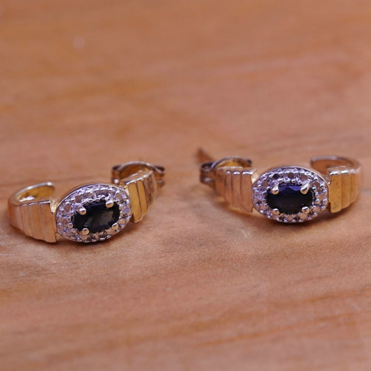 0.75”, vermeil gold Sterling silver earrings, 925 huggie studs sapphire diamond