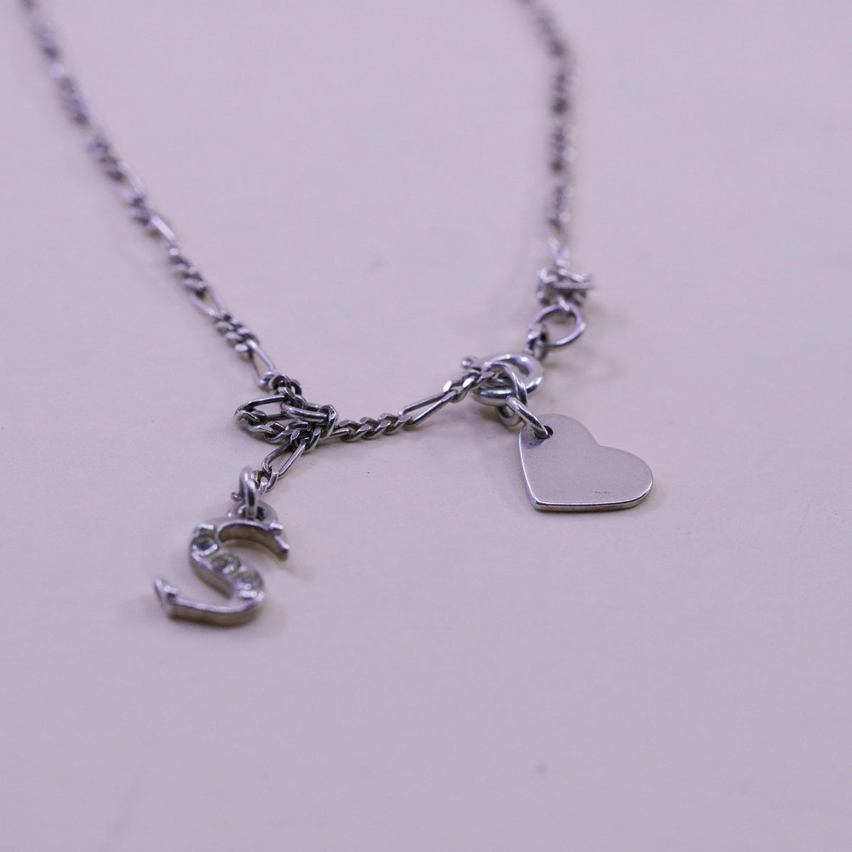 9.25”, sterling silver ankle bracelet, 925 chain, figaro anklet heart charm