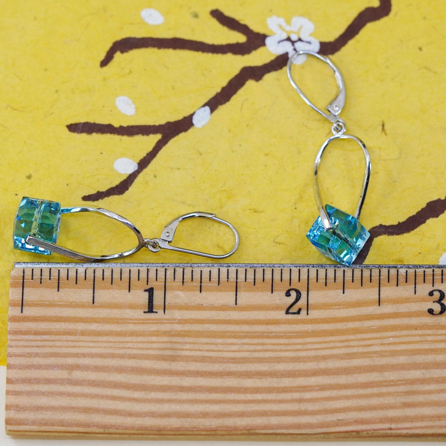 vintage Sterling 925 silver entwined earrings with blue cube crystal