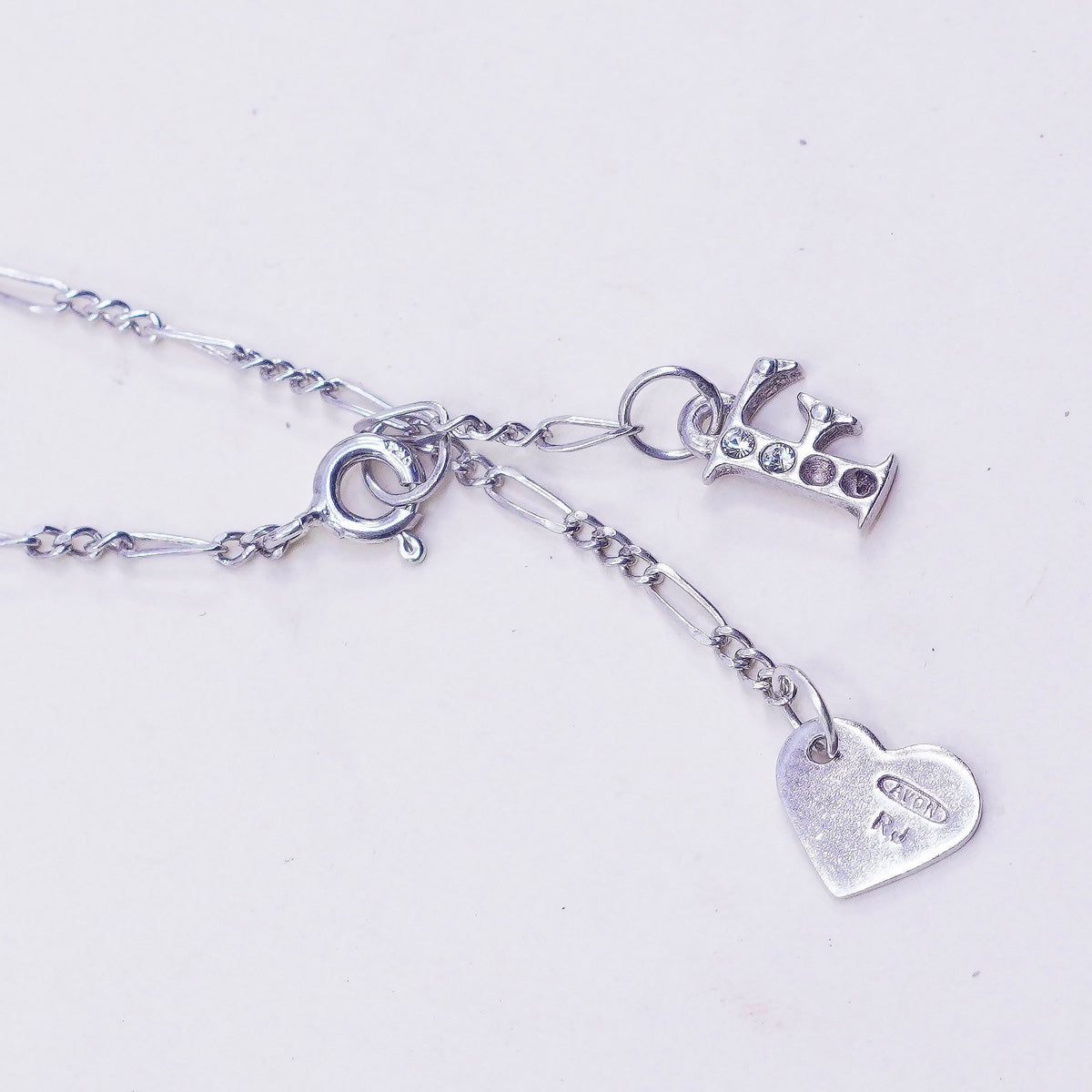 8.5”, Vintage sterling silver Figaro charm bracelet with 925 heart charms