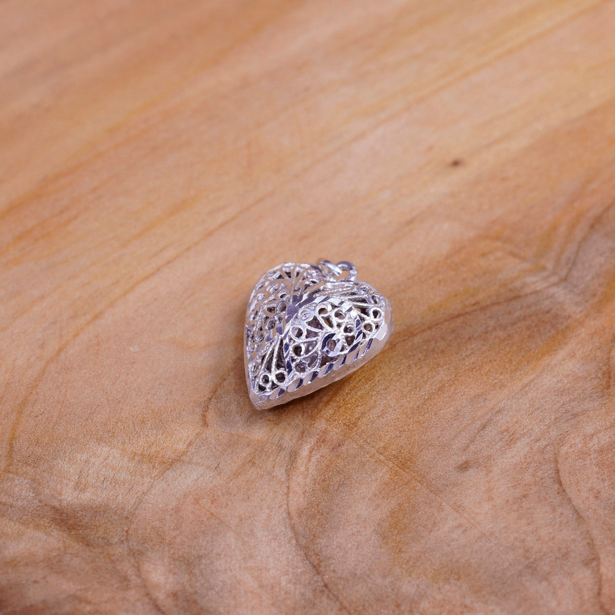 Vintage Sterling silver handmade pendant, 925 filigree puffy heart pendant